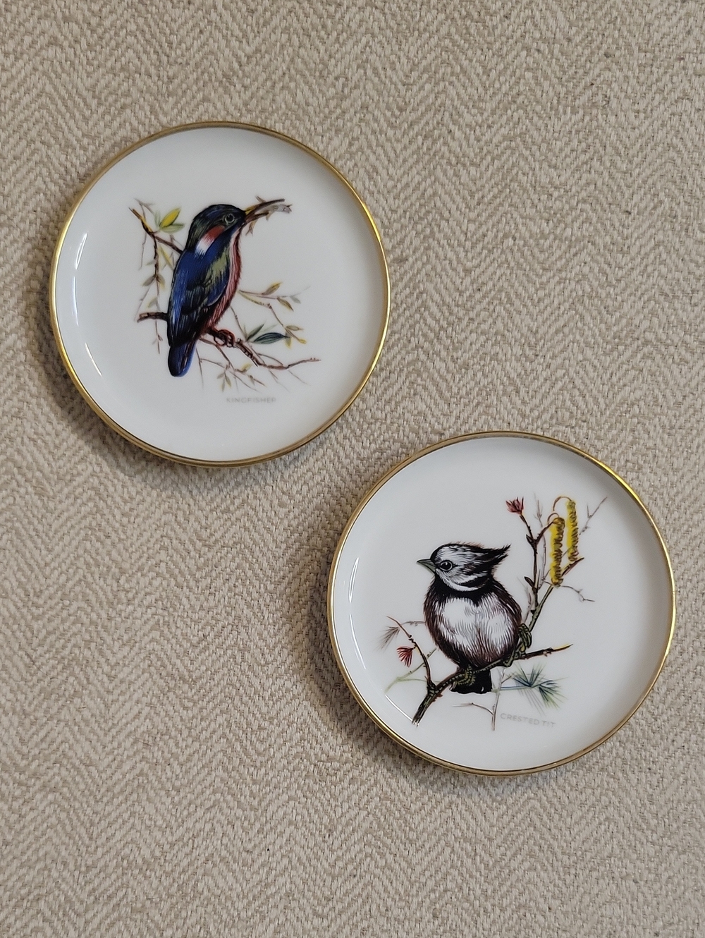 Rare Vintage AK Kaiser Germany Kingfisher Porcelain Coasters Gold Trim Set